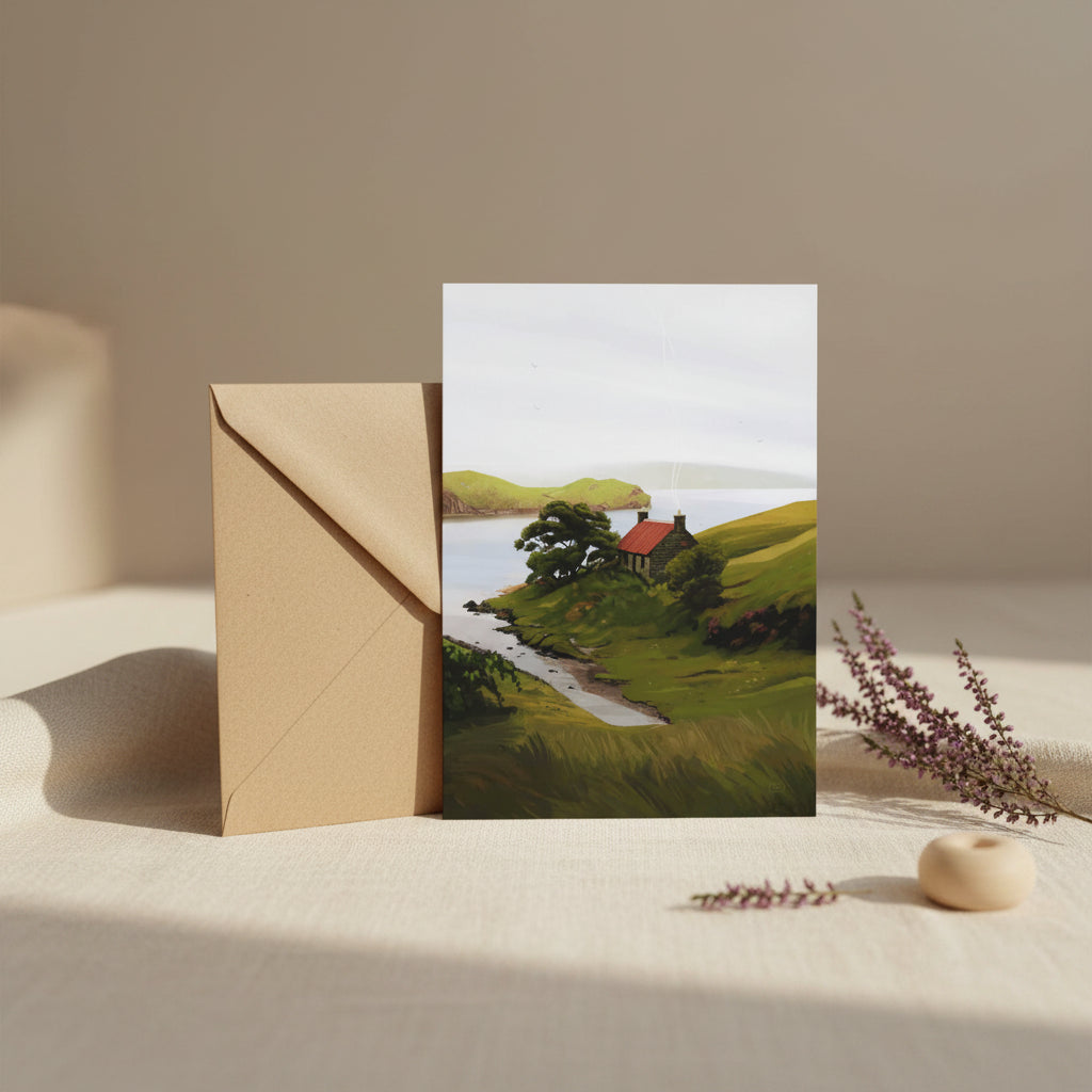 Harris Whispers greeting card featuring Sara Willia's Isle of Harris landscape artwork with kraft envelope