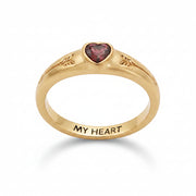 Angled view of the ring showing the red heart stone and My Heart engraving.