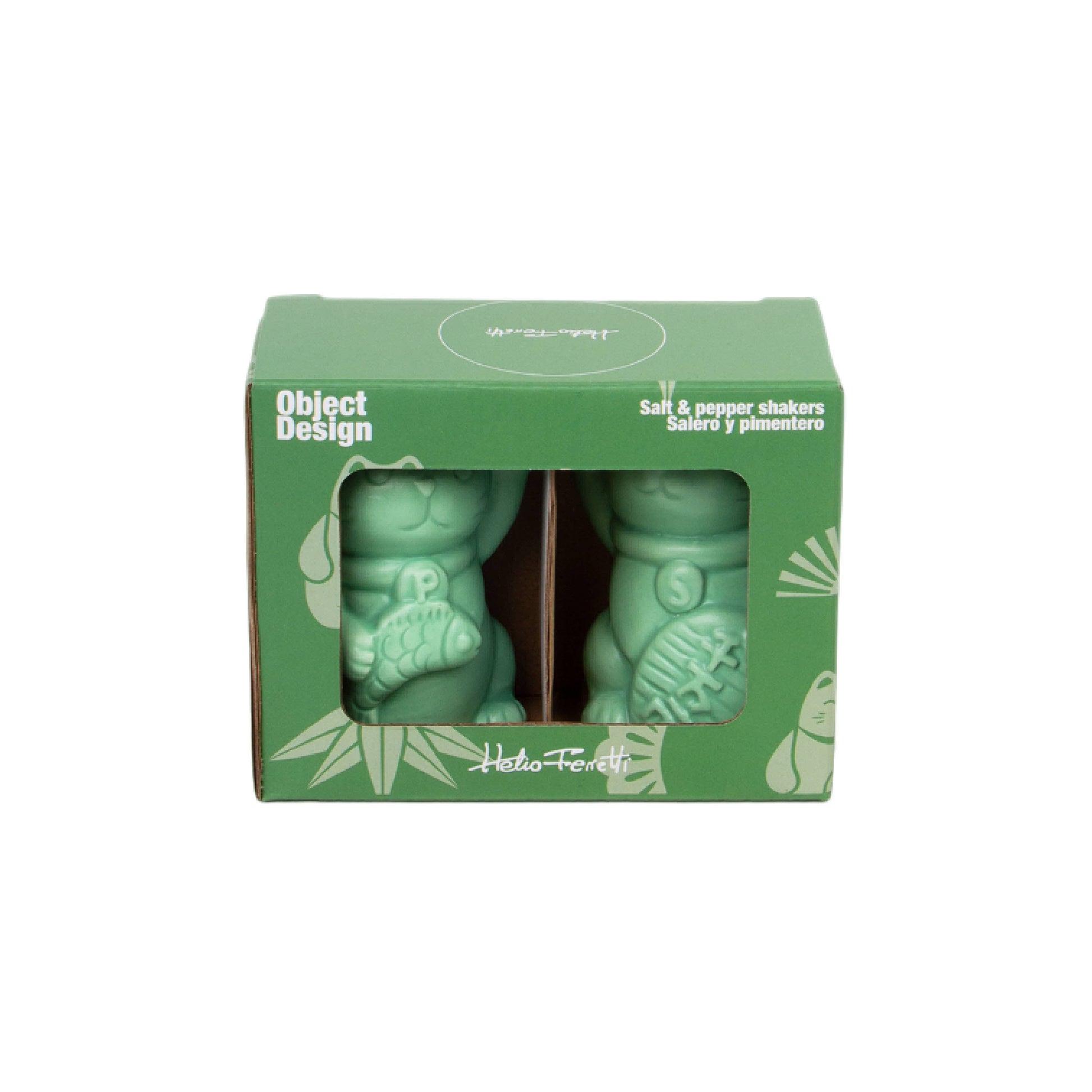 Green gift box packaging for the lucky cat salt and pepper set