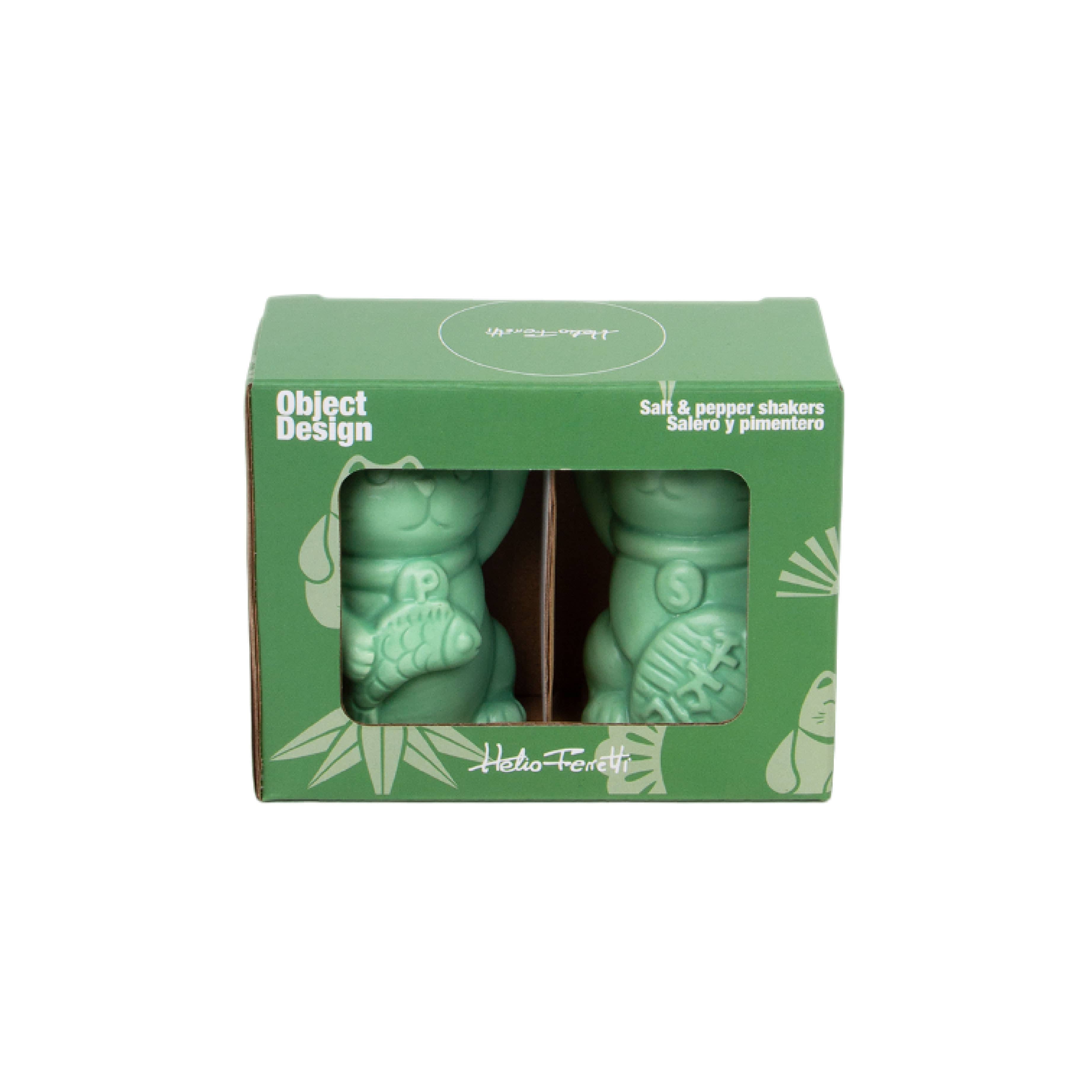 Green gift box packaging for the lucky cat salt and pepper set