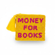 Yellow pouch with pink text 'Money for Books' and a tassel on a white background