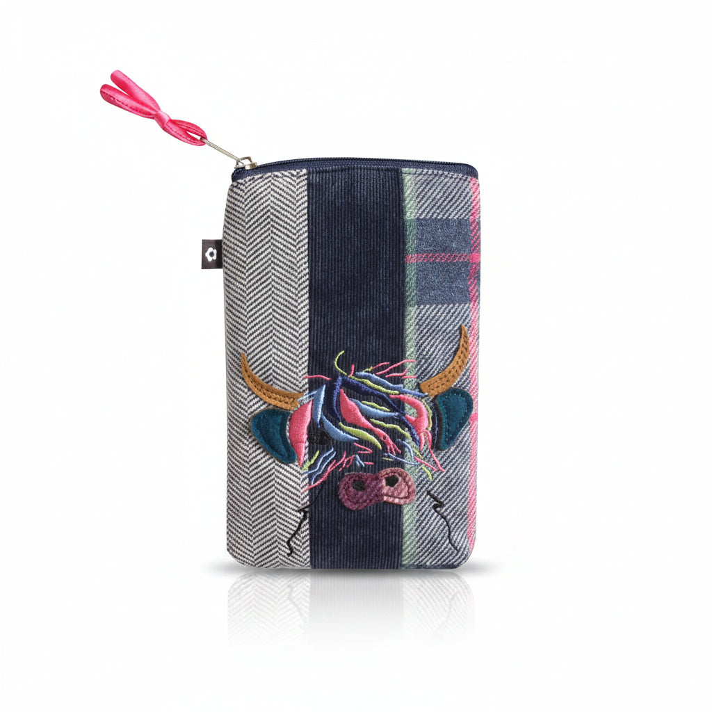 Highland Cow Applique Eye Glass Case front view showing zip closure