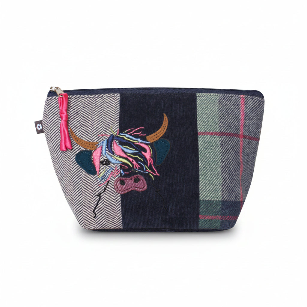 Highland Cow Applique Make Up Bag front view with zip detail