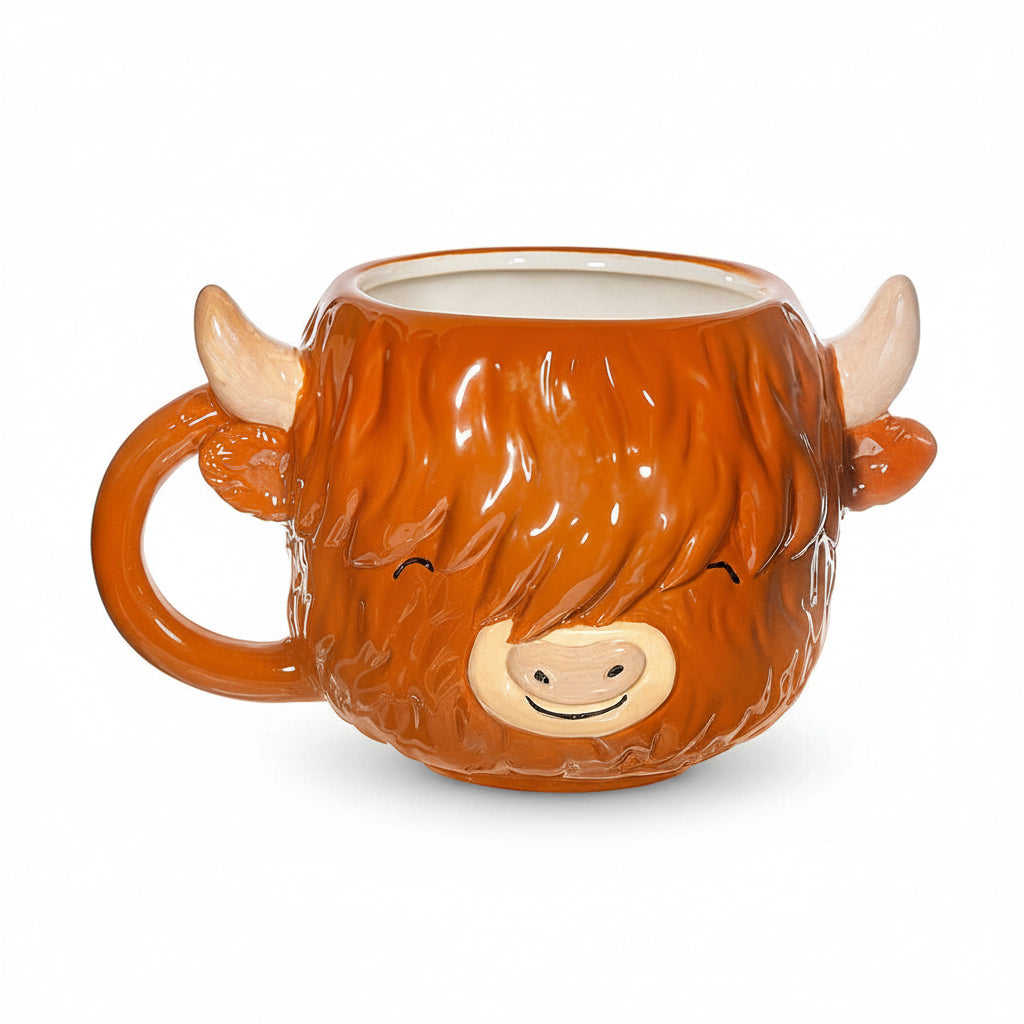 Highland cow mug from the side showing fluffy fringe and facial details