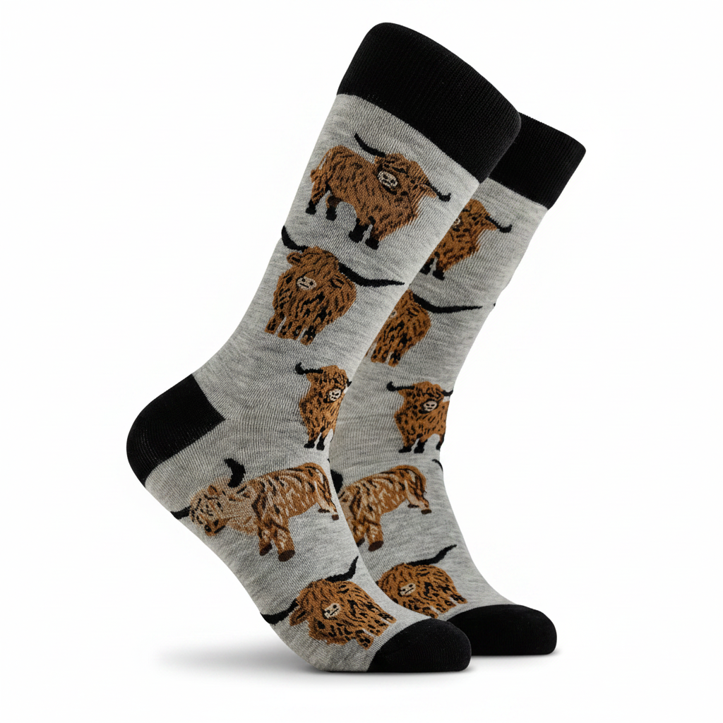 Highland Cow 'Och Aye the Moo!' novelty socks in grey, UK size 9-12