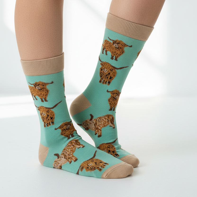 Highland Cow 'Och Aye the Moo!' novelty socks in light green, UK size 9-12