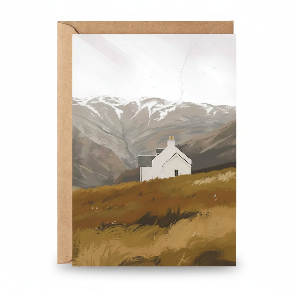 Highland House cosy cottage greeting card featuring illustrated white cottage against Scottish mountains, paired with kraft envelope.