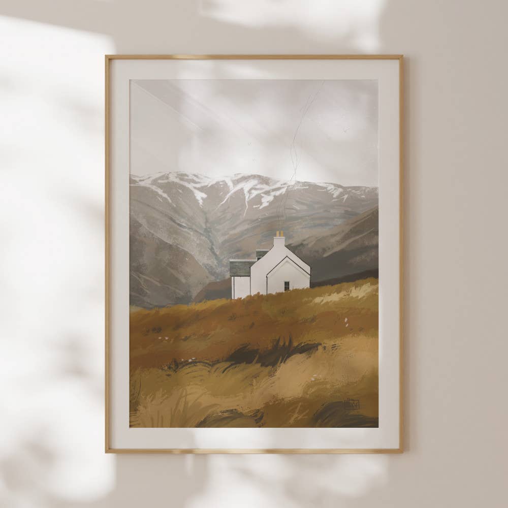 Highland House Scottish landscape art print of a home amongst rolling hills
