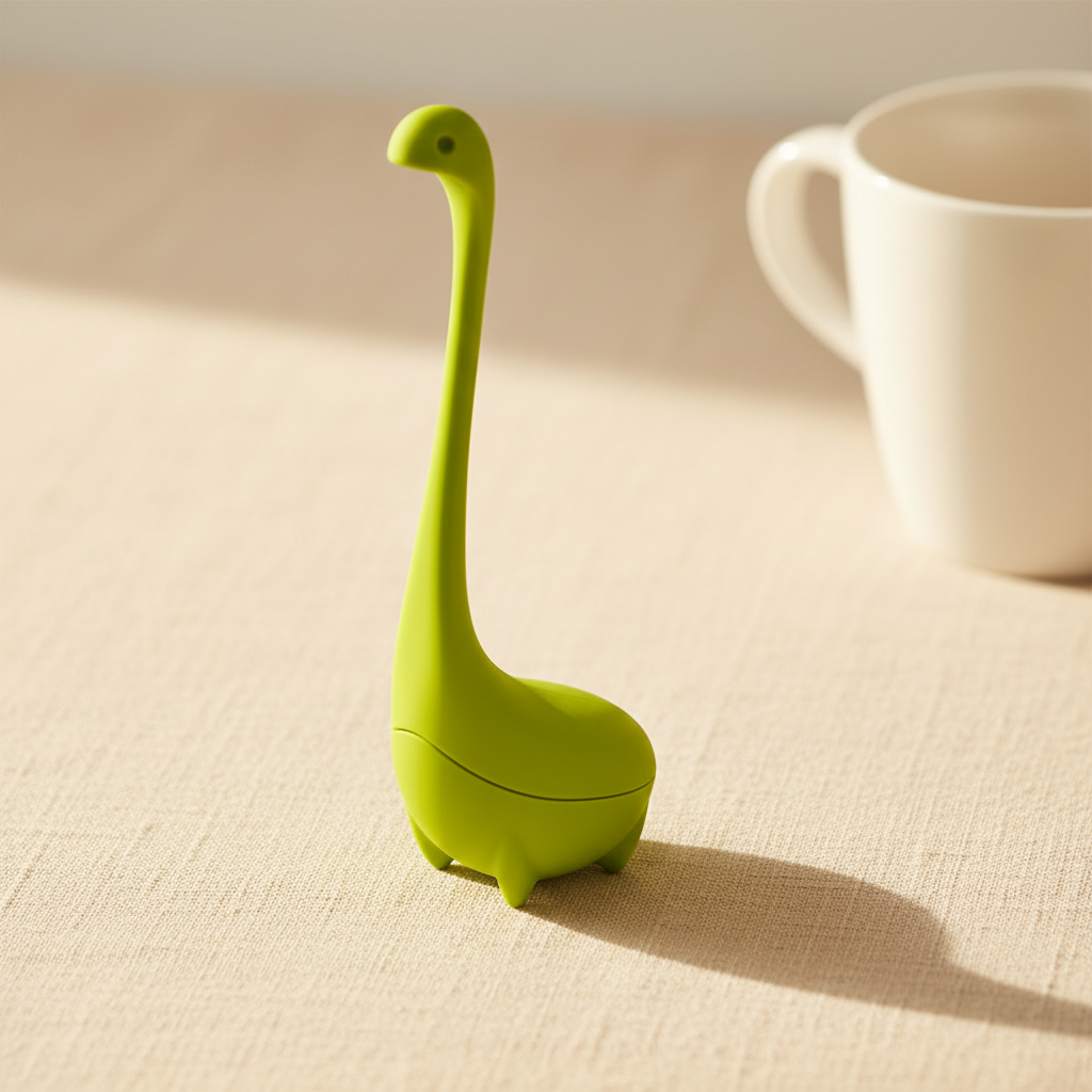 Lime green Baby Nessie tea infuser shown upright, second view