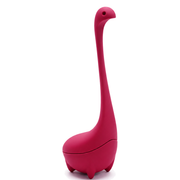 Hot pink Baby Nessie tea infuser standing upright with a long neck on a white background