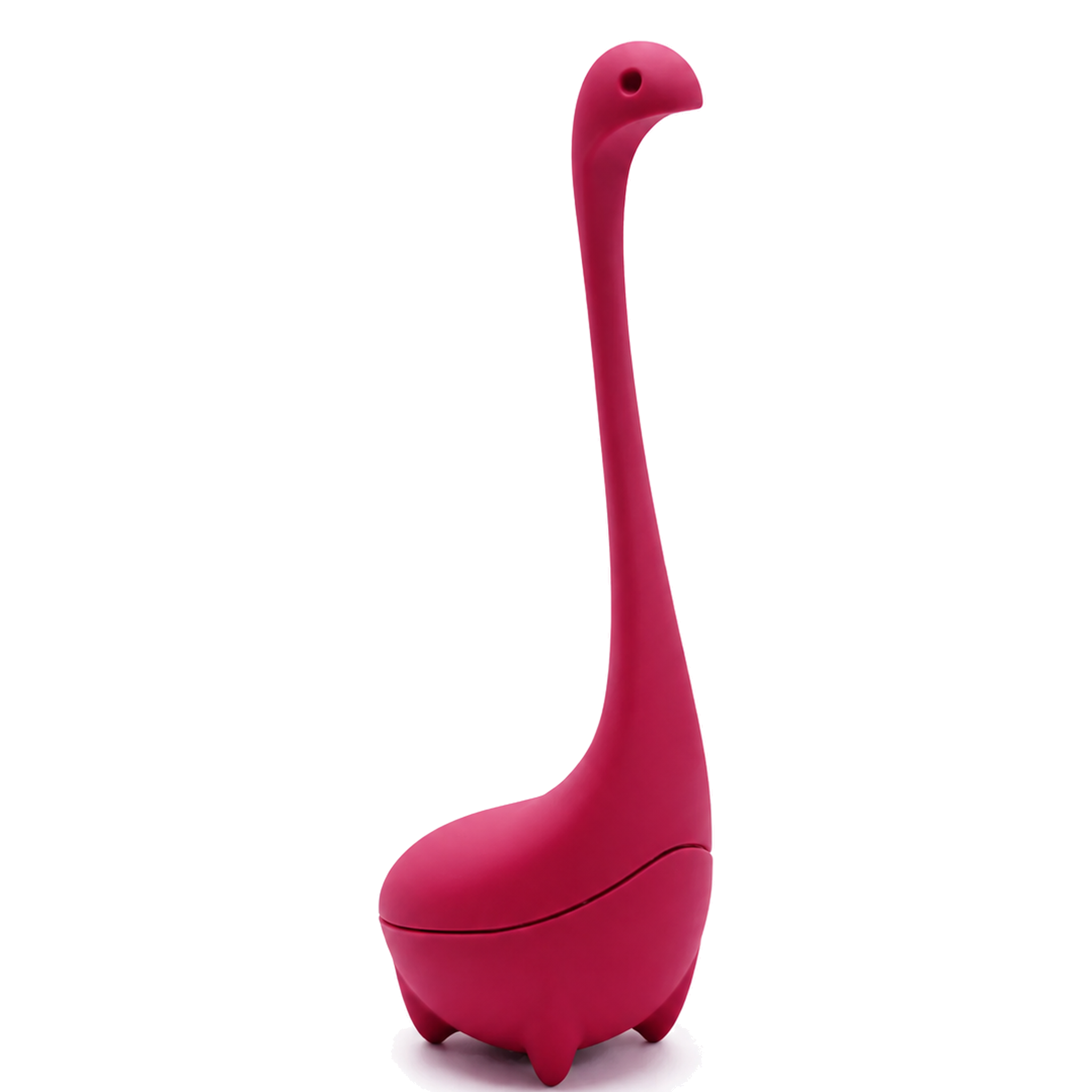 Hot pink Baby Nessie tea infuser standing upright with a long neck on a white background