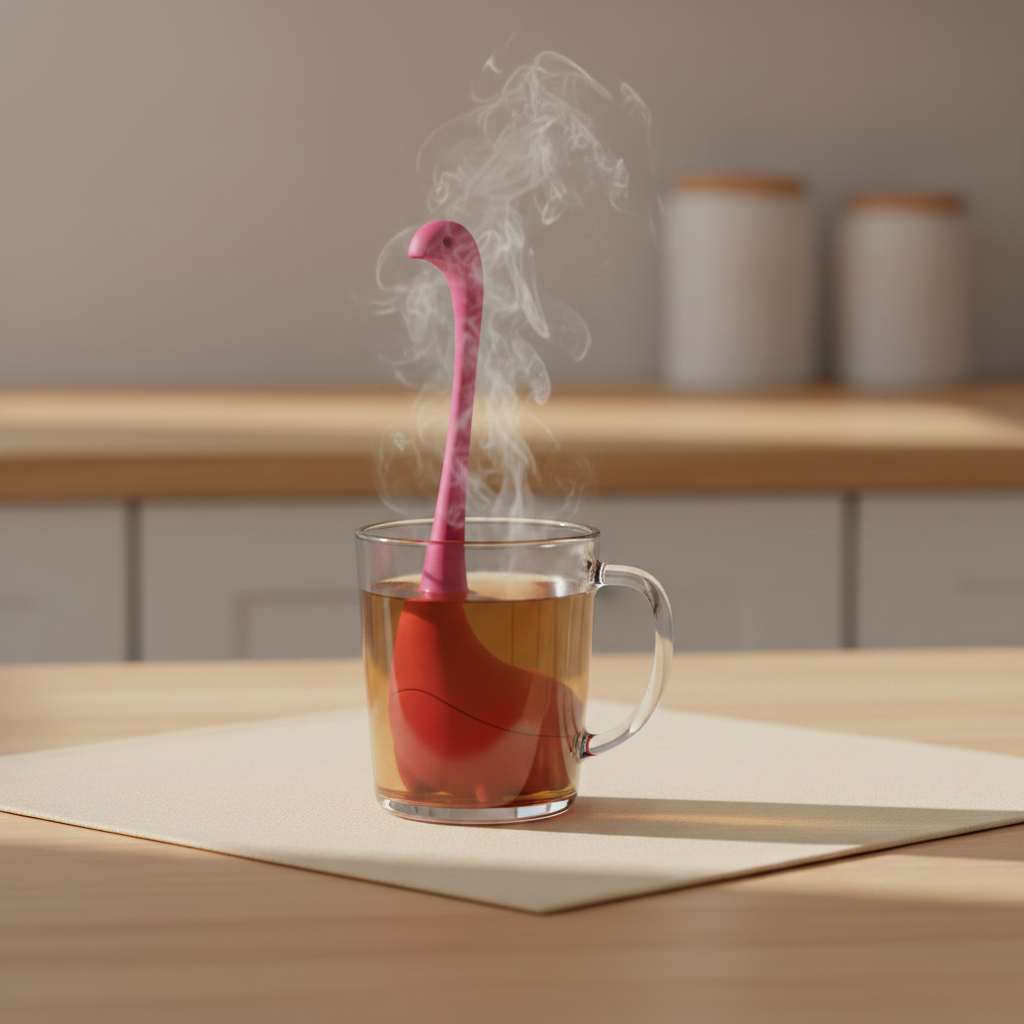 Hot pink Baby Nessie tea infuser shown upright, second view