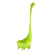 Lime green Nessie soup ladle with a long curved neck handle on a white background