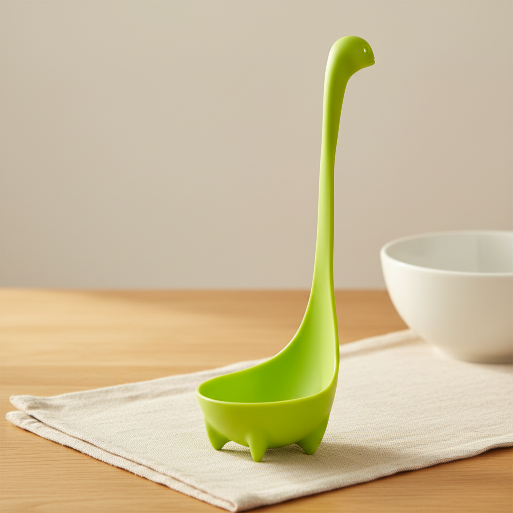 Lime green Nessie soup ladle shown upright, second view