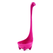 Hot pink Nessie soup ladle with a deep bowl and three feet on a white background