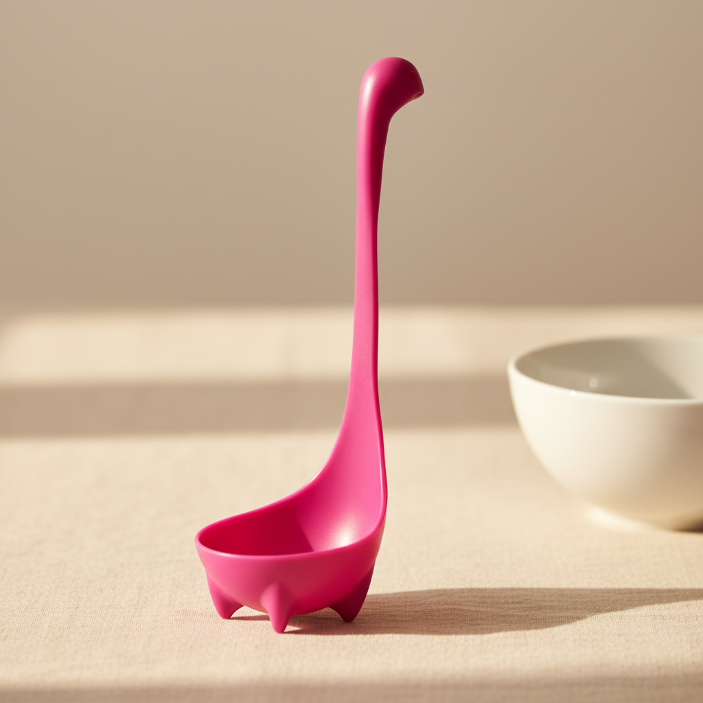 Hot pink Nessie soup ladle shown upright, second view