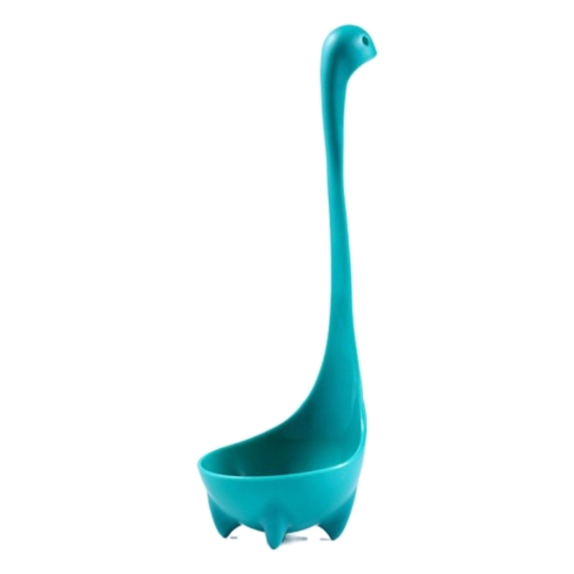 Teal Nessie soup ladle standing upright on three feet against a white background