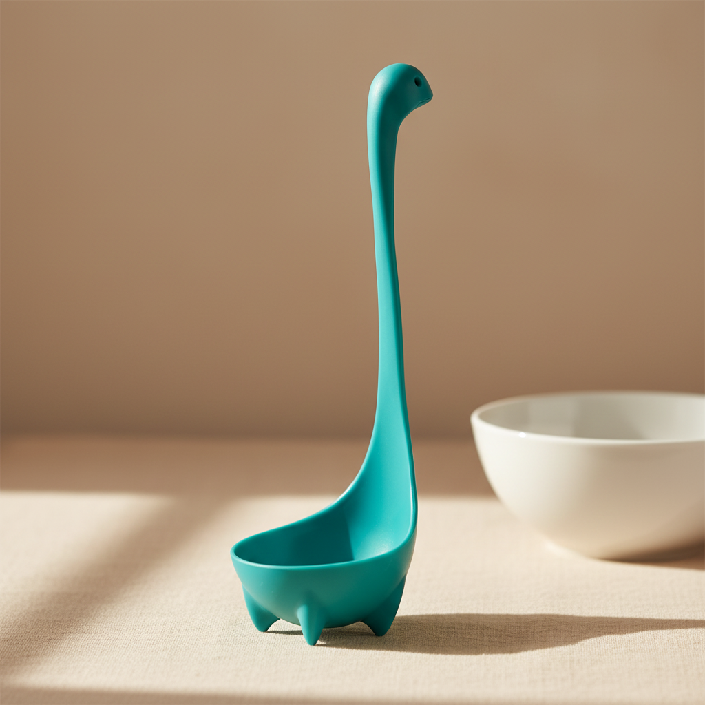 Teal Nessie soup ladle shown upright, second view