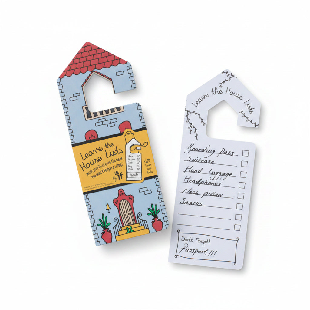 Door hanger notepad front cover and checklist page on wooden desk