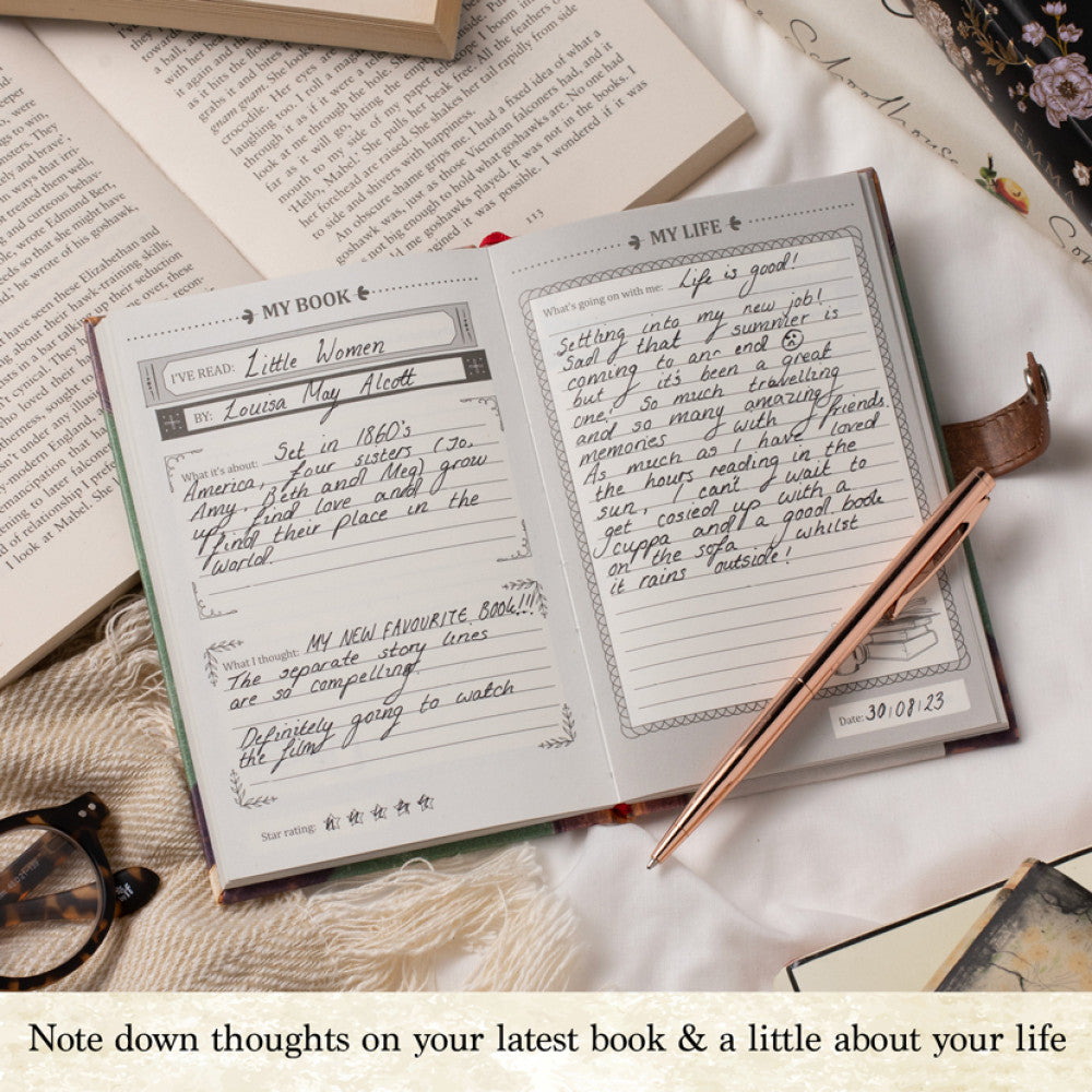 Reading journal open showing handwritten notes about a recent book