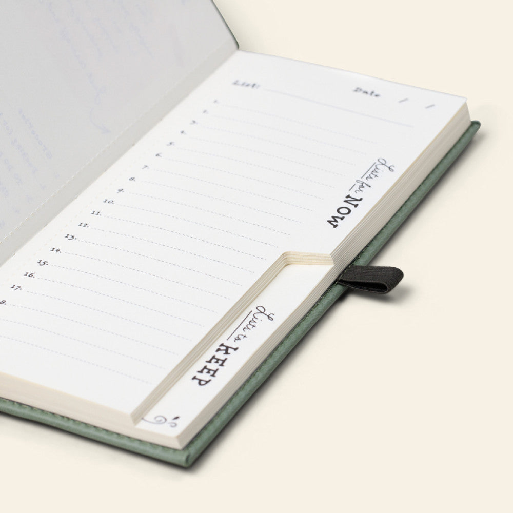 Lists For Life journal open flat showing a blank ruled list page