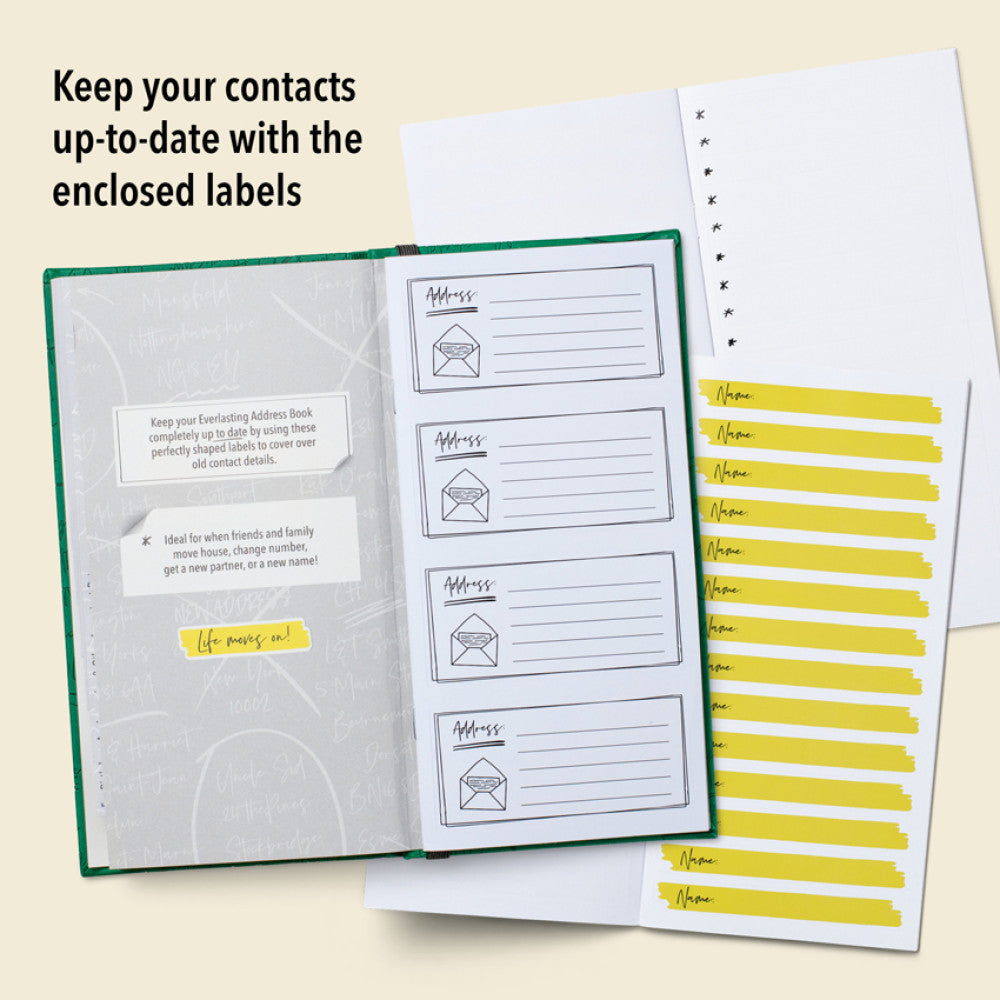 Sheet of enclosed labels for keeping contact details up to date