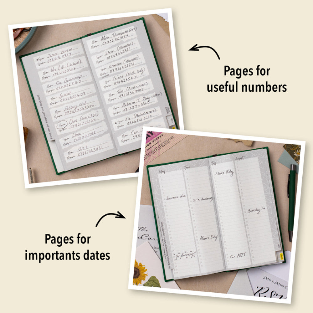 Inside pages for useful numbers and important dates