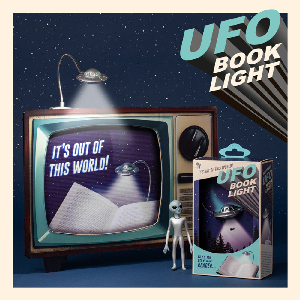 Retro styled scene with the UFO book light and its packaging