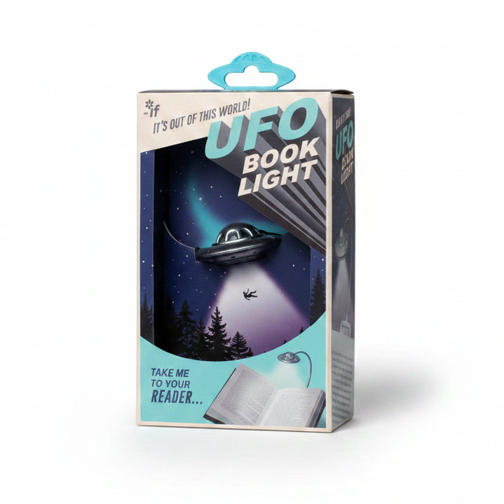 Two lit UFO book lights with their bendy necks and glowing beams