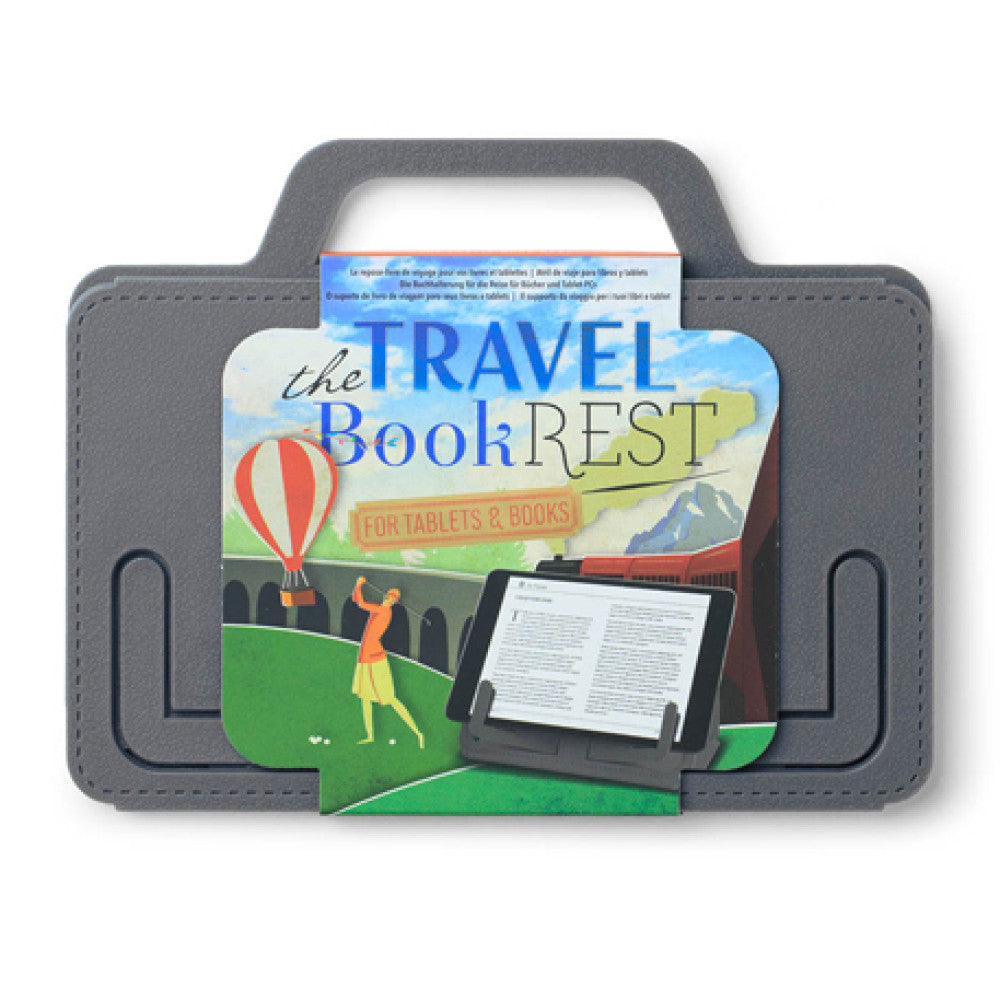 Grey Travel Book Rest in its printed travel-illustrated packaging card
