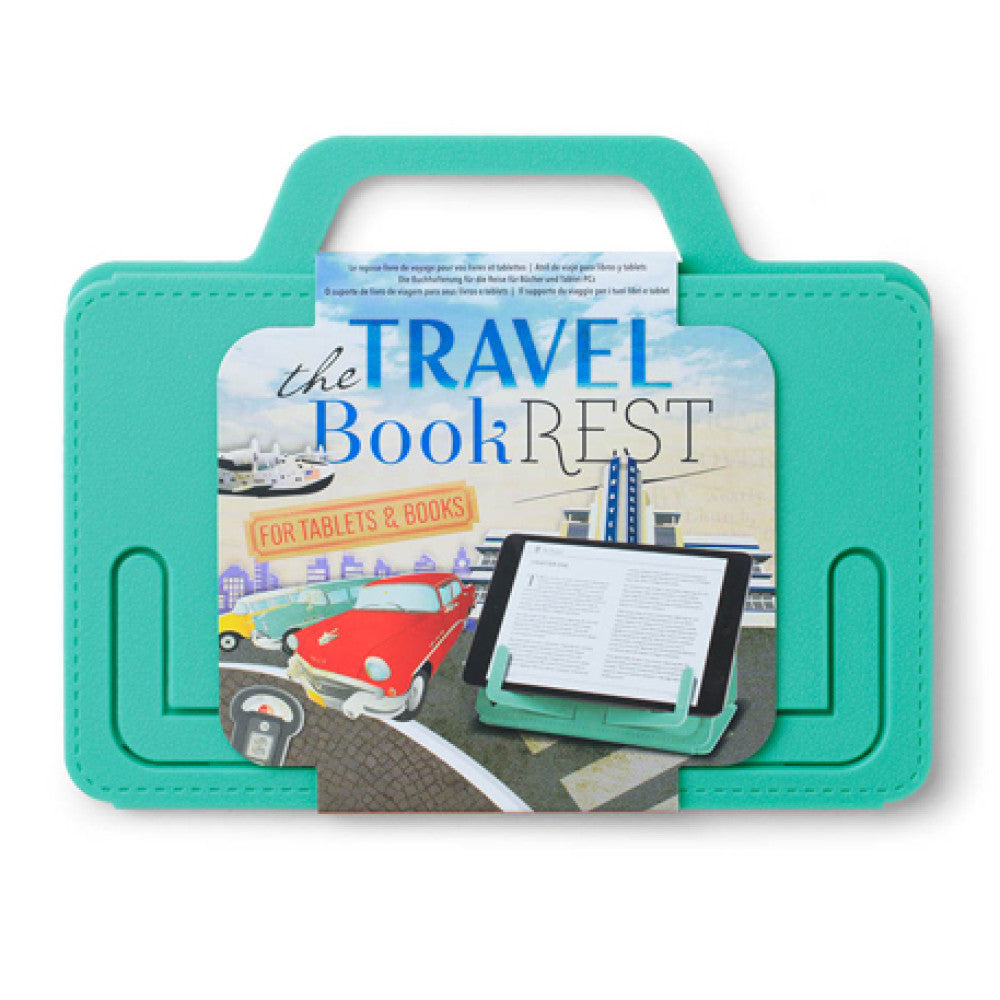 Mint green Travel Book Rest in its printed travel-illustrated packaging card