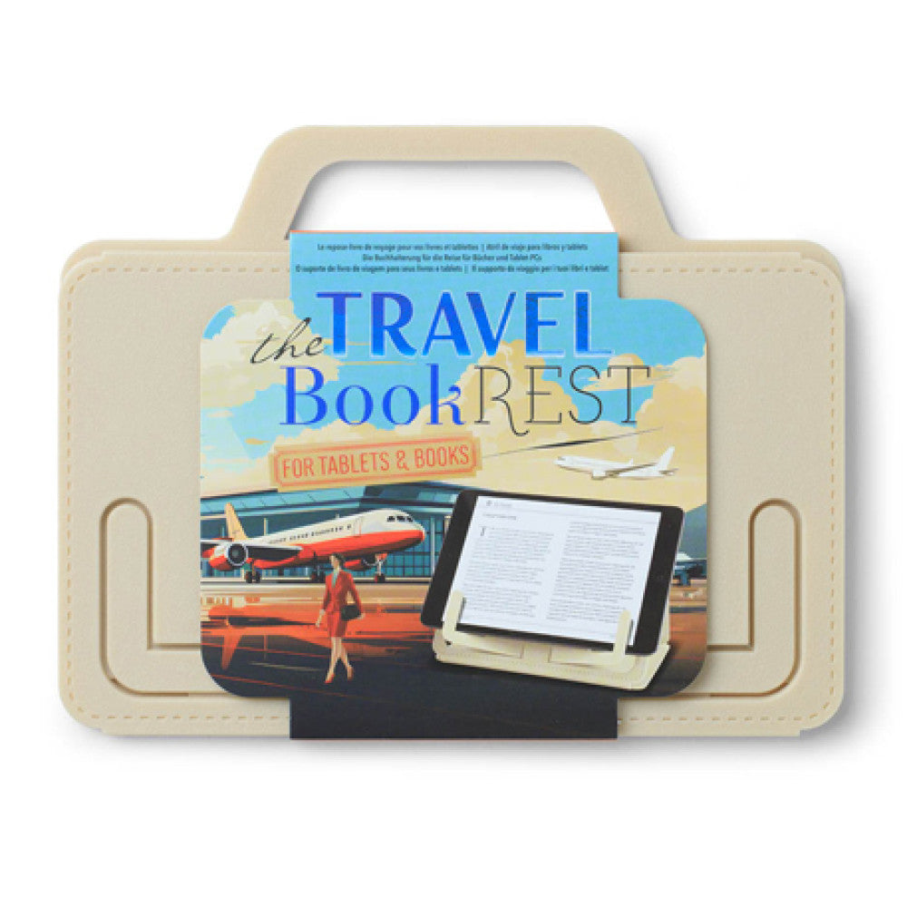 Cream Travel Book Rest in its printed travel-illustrated packaging card