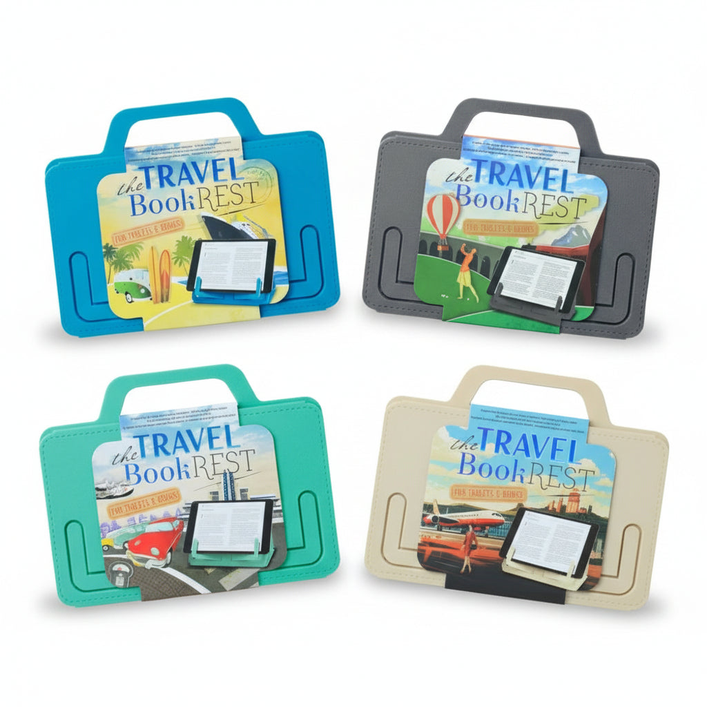 All four Travel Book Rest colours together, blue, grey, mint and cream