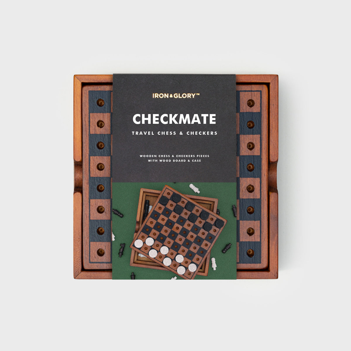 Iron & Glory Checkmate chess and checkers set in its retail packaging