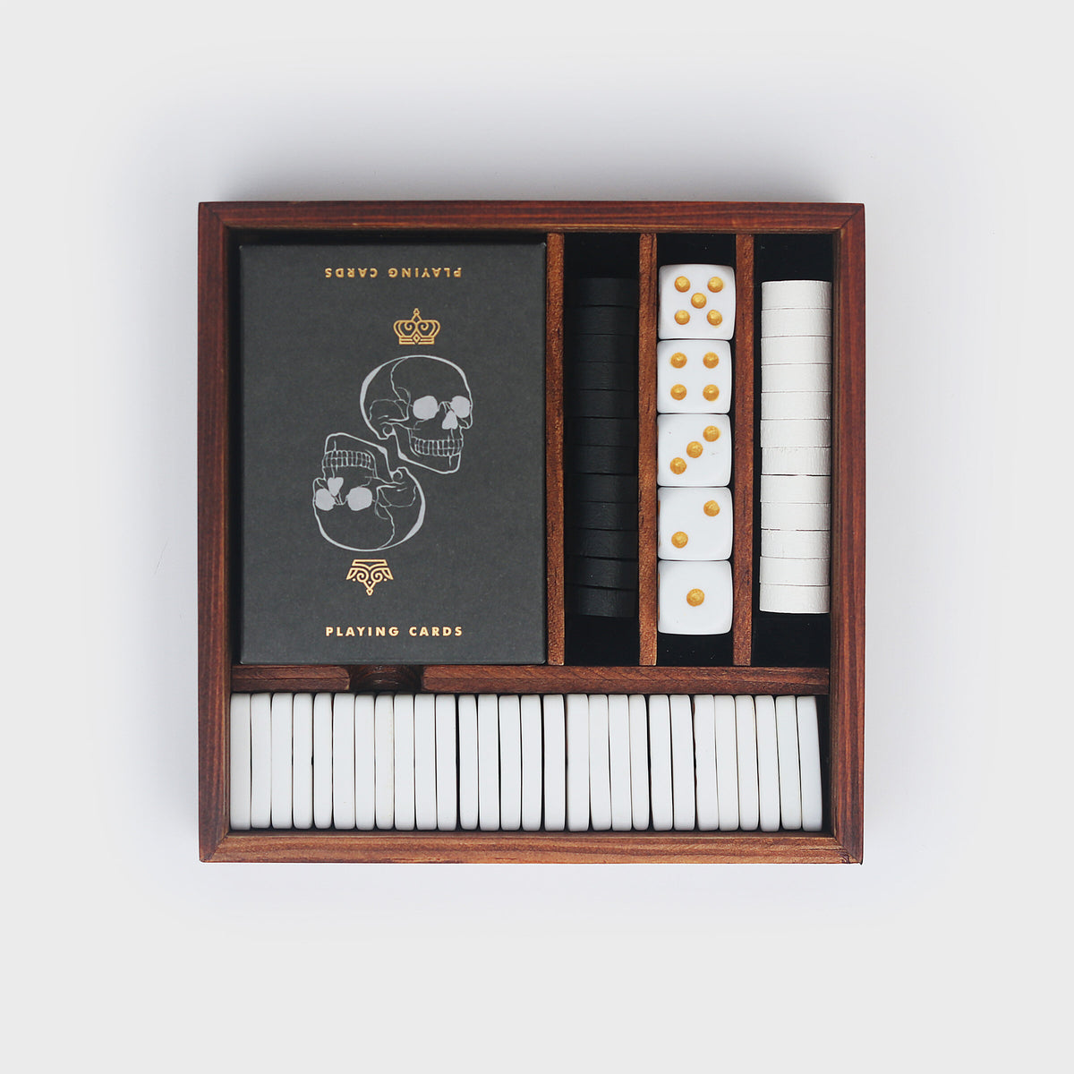 Iron & Glory Games Night box open with playing cards, dice and dominoes