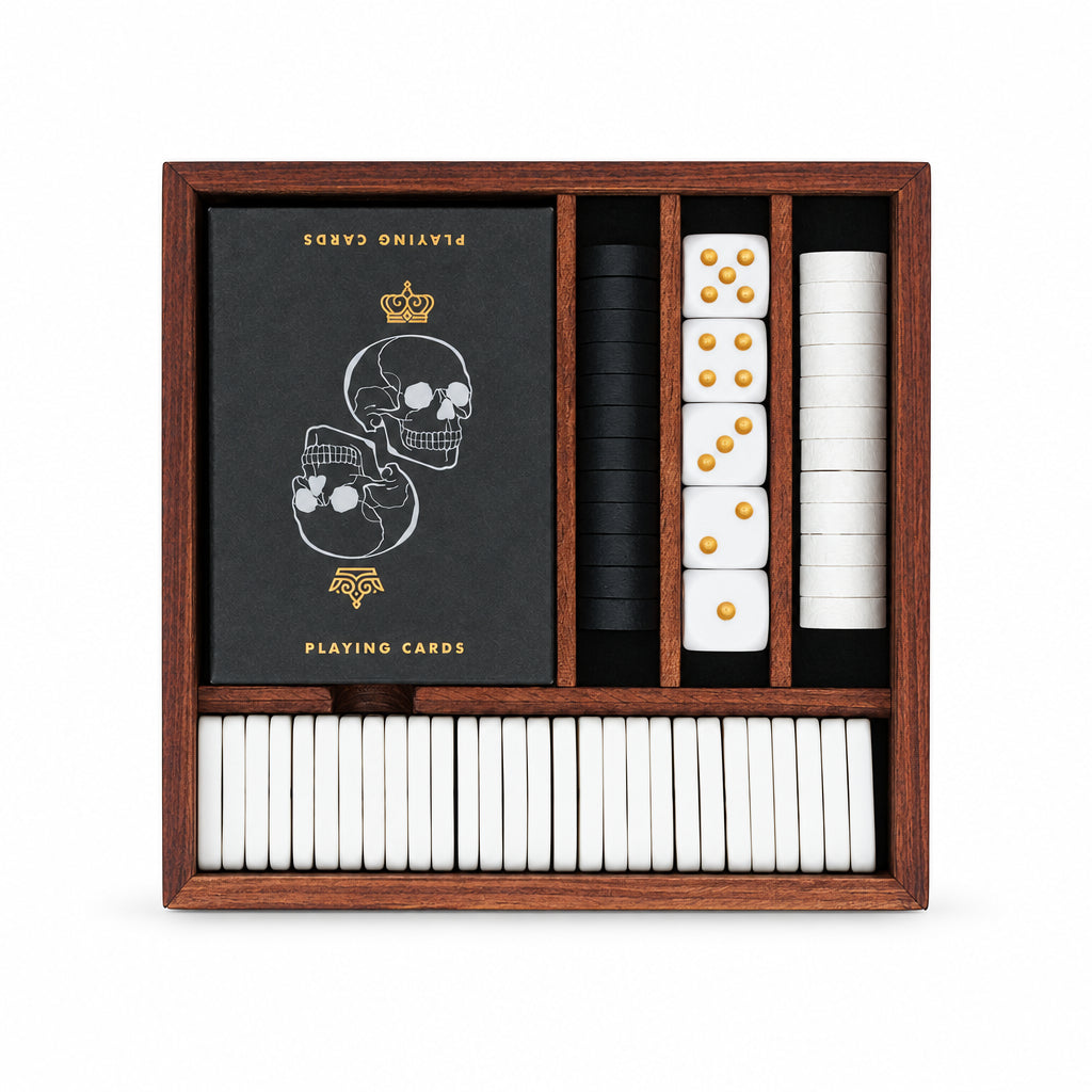 Iron & Glory Games Night box open with playing cards, dice and dominoes