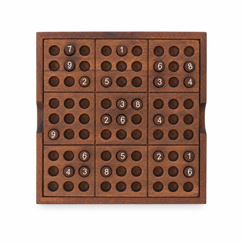 Iron & Glory wooden sudoku board, top down with numbered pegs, grey background