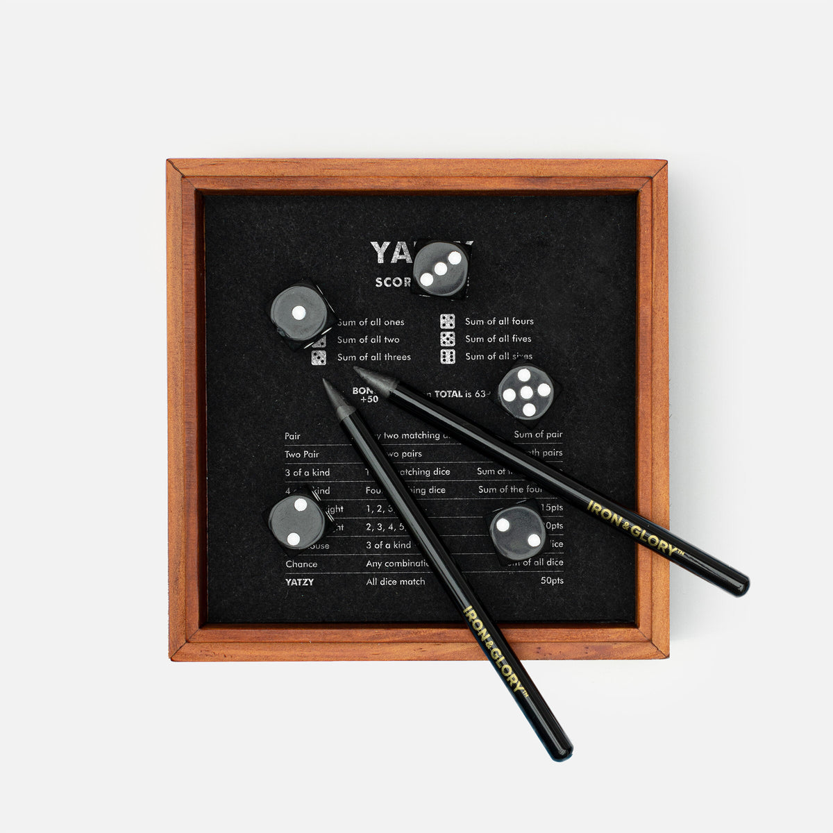 Iron & Glory Yatzy felt lined wooden tray with dice and pencils, top down