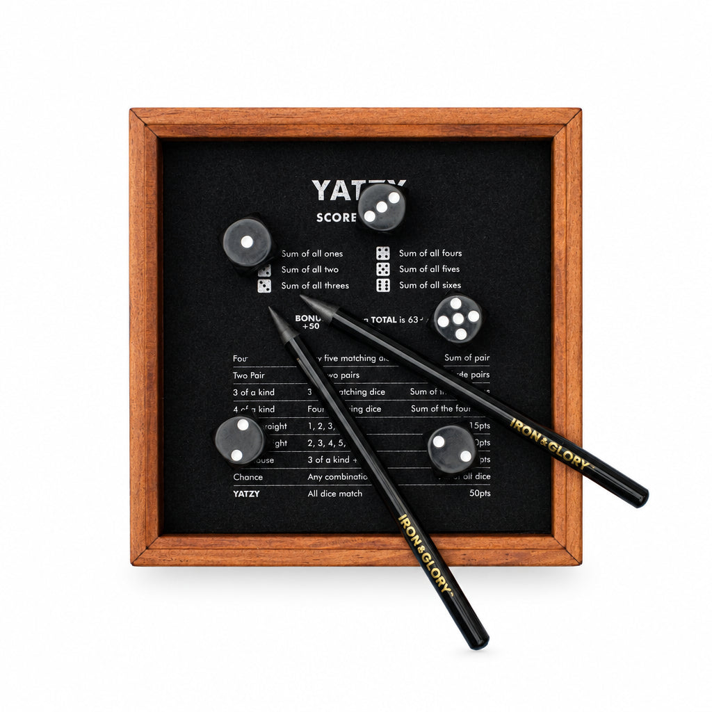 Iron & Glory Yatzy felt lined wooden tray with dice and pencils, top down