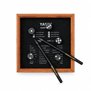 Iron & Glory Yatzy felt lined wooden tray with dice and pencils, top down