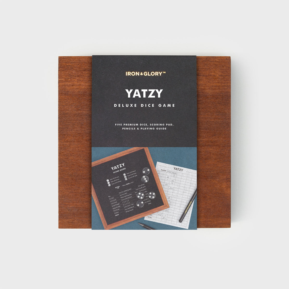Iron & Glory deluxe Yatzy dice game in its retail packaging