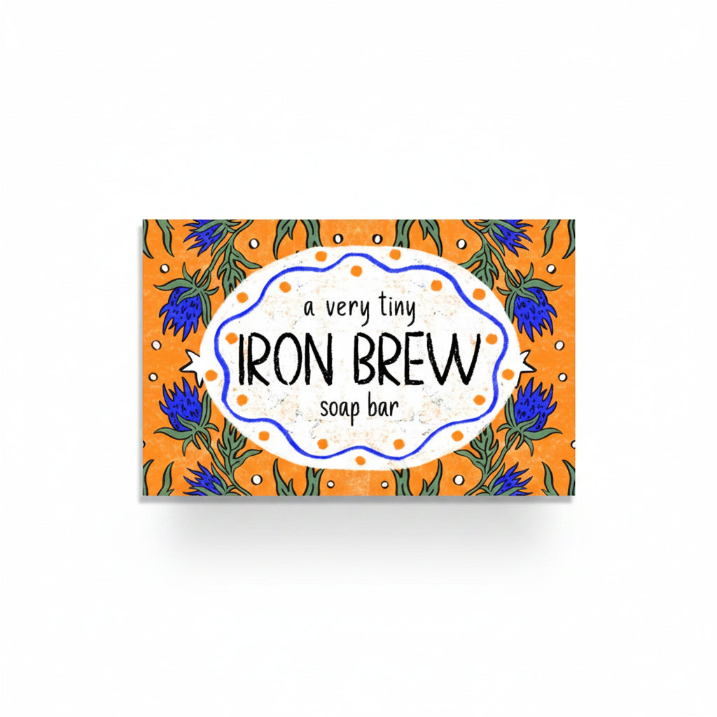Scottish Iron Brew-themed soap with vibrant branding