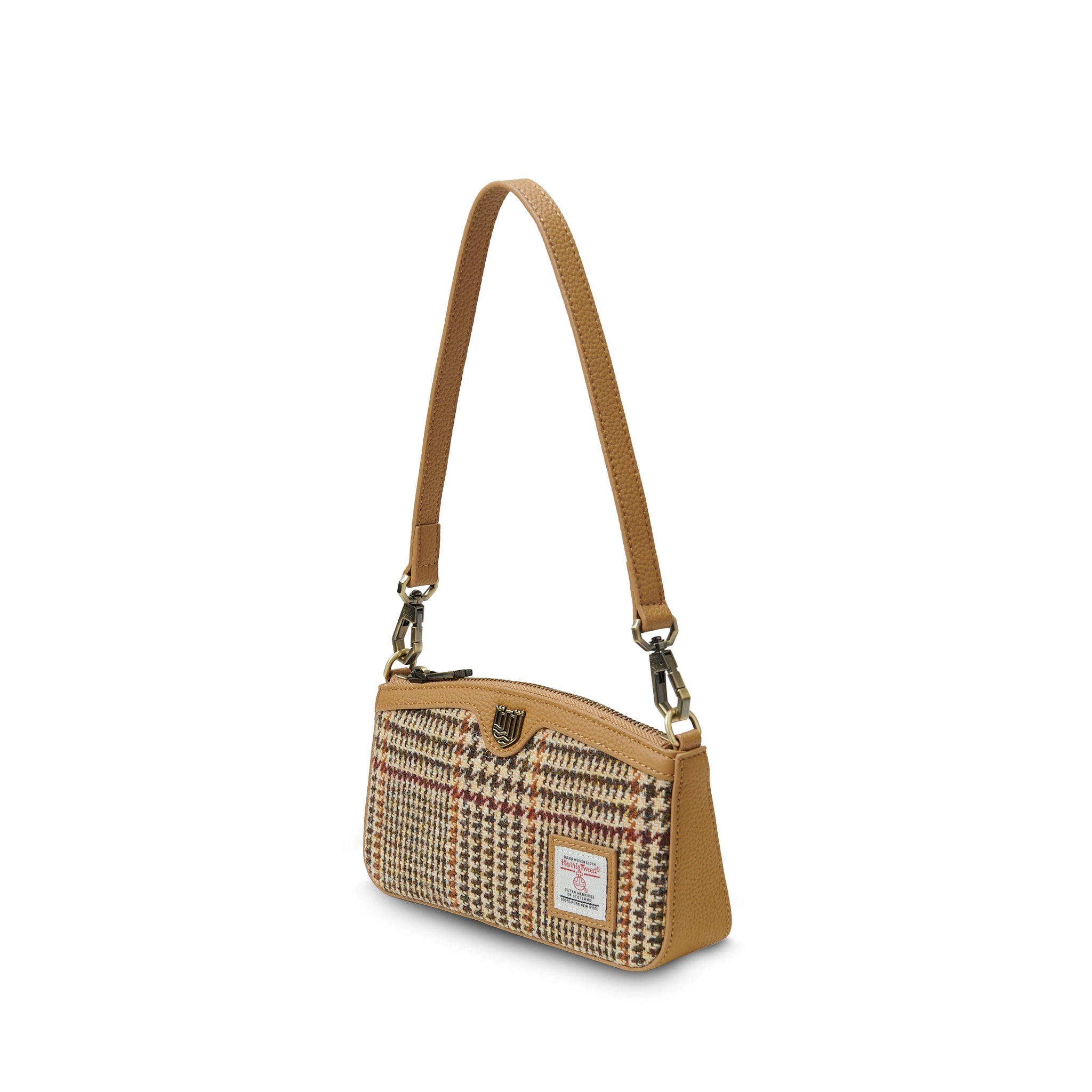 Ailsa beige dogtooth Harris Tweed purse back view on white background