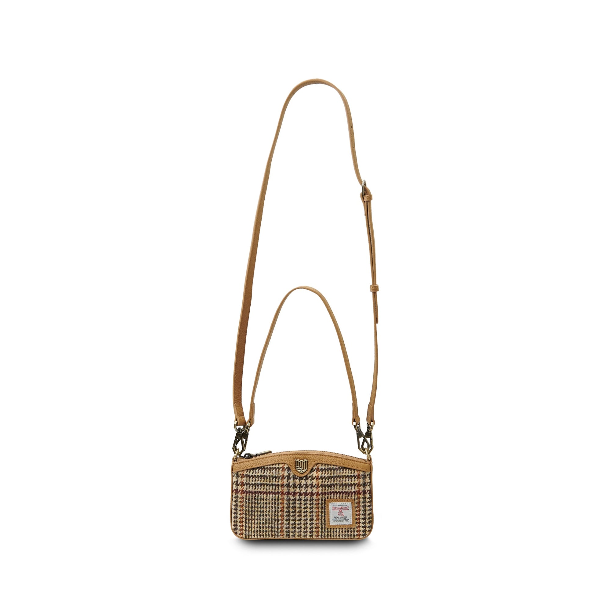 Ailsa beige dogtooth purse showing both strap options on white background