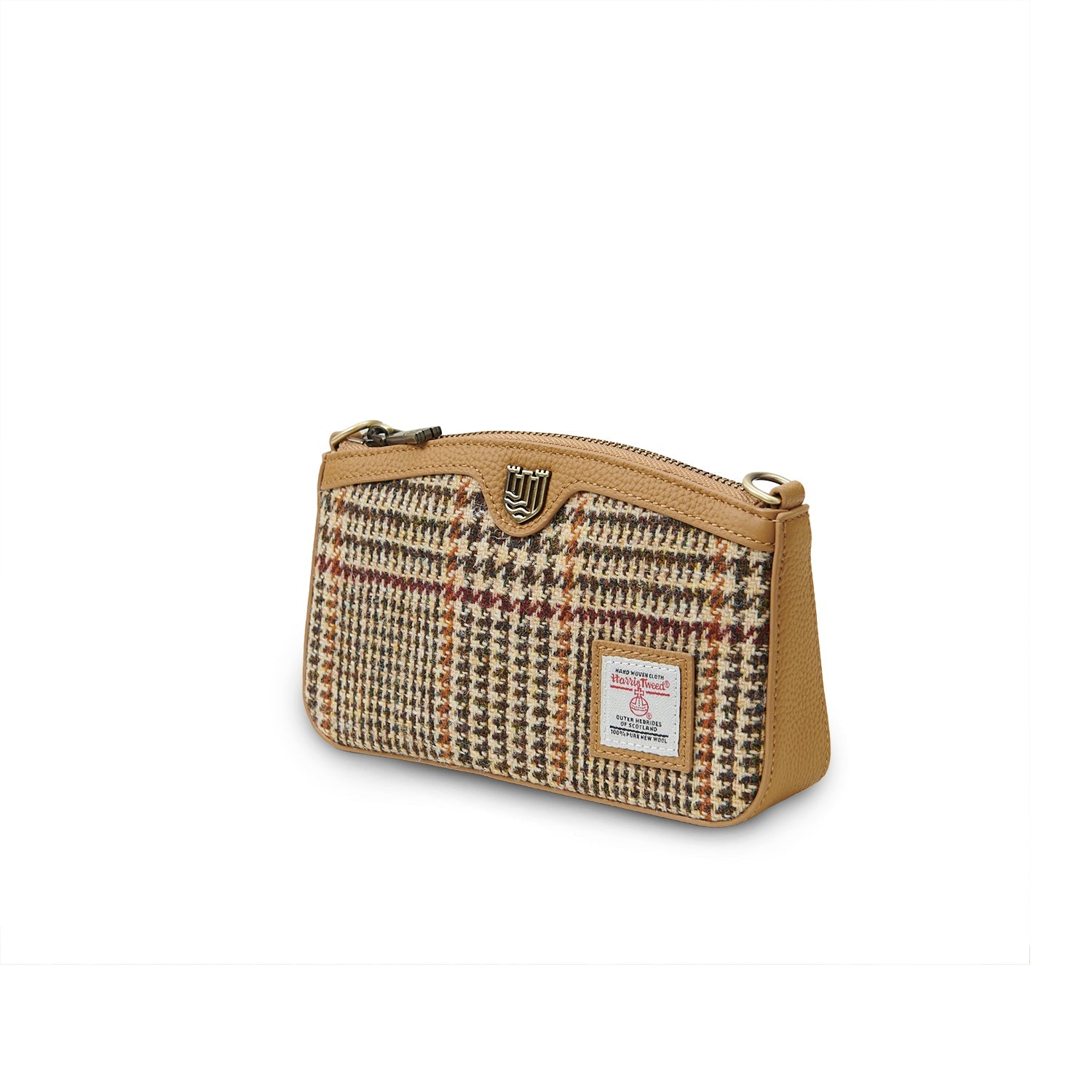 Ailsa beige dogtooth Harris Tweed purse angled clutch view on white background