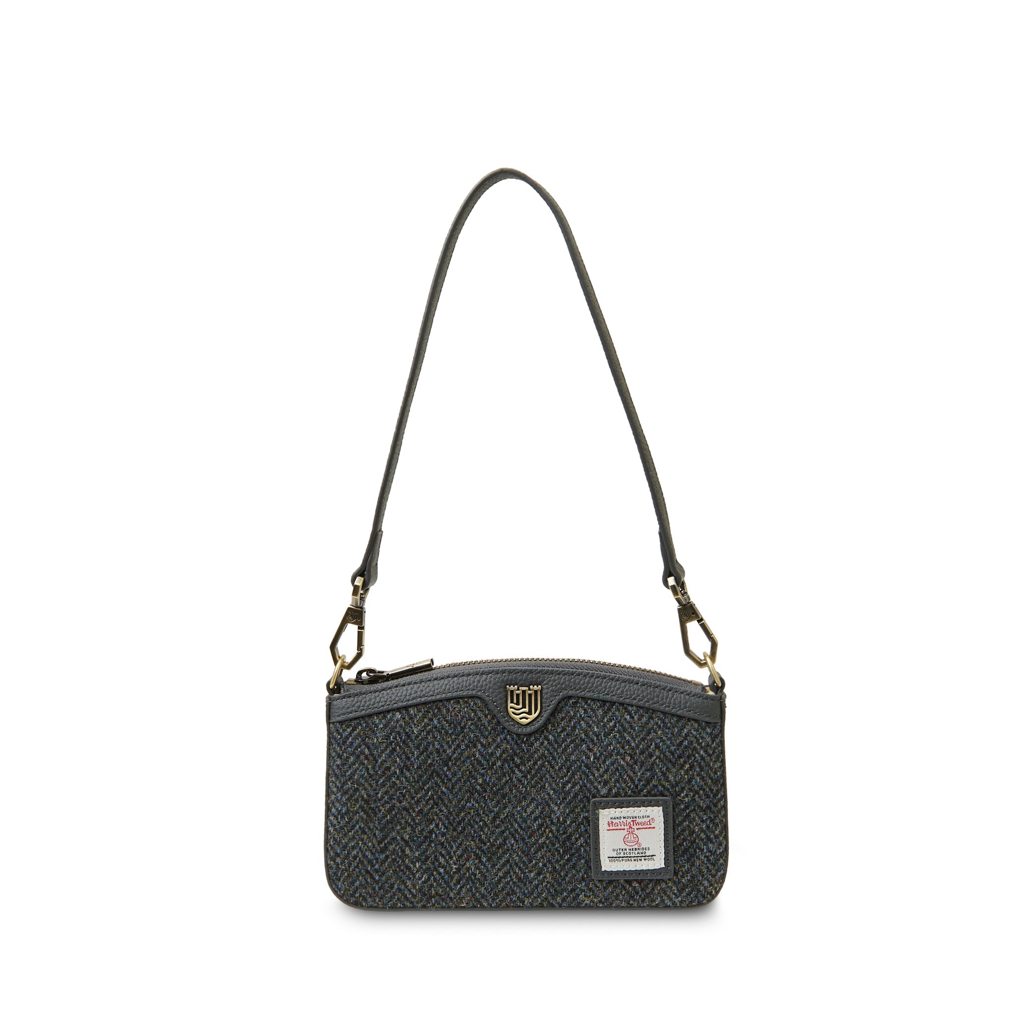 Ailsa black grey herringbone Harris Tweed purse front view white background