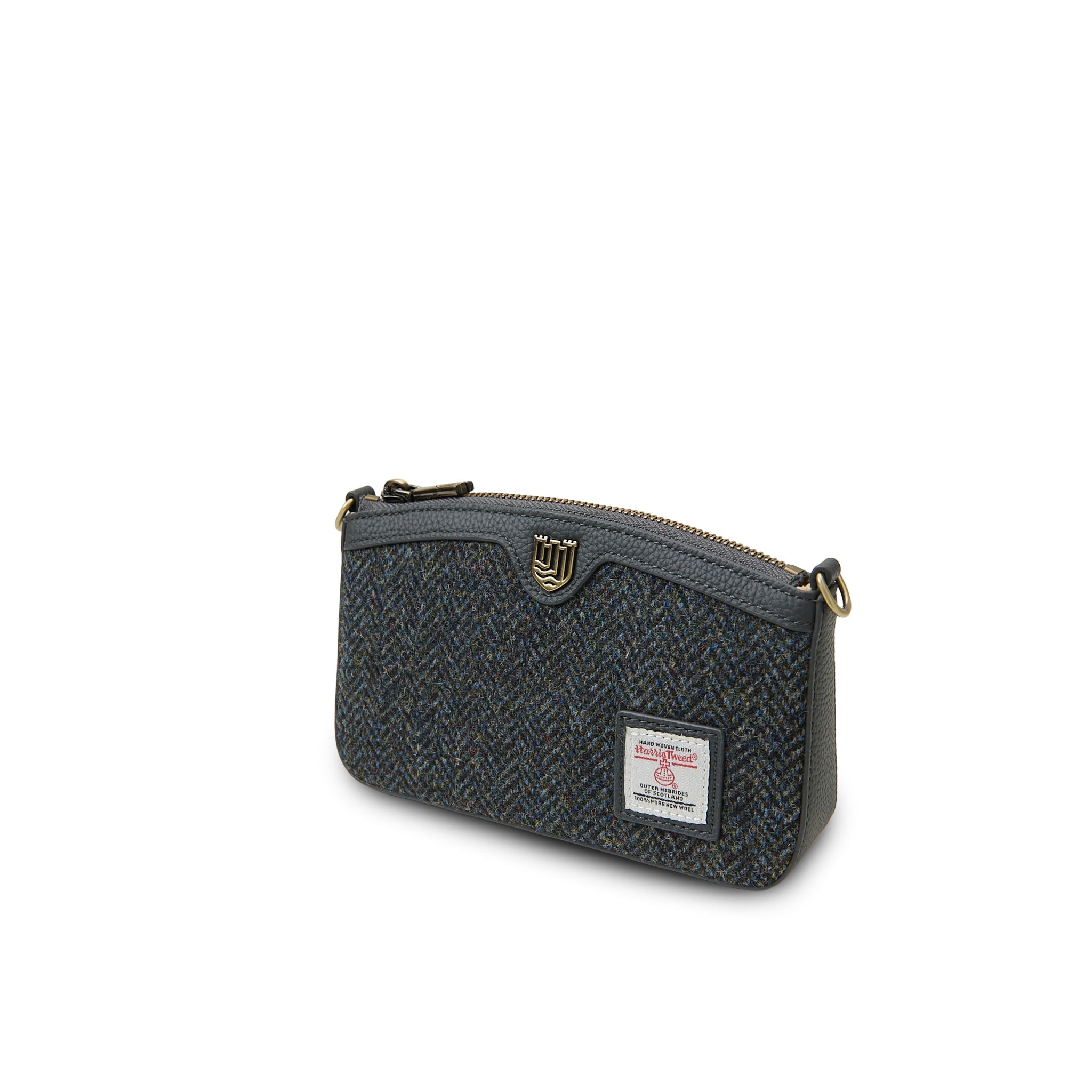 Ailsa black herringbone purse open showing leather interior on white background