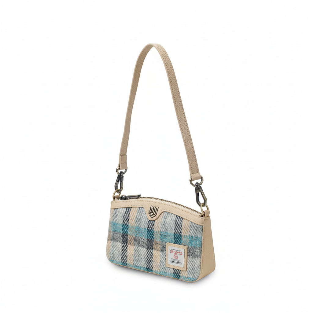 Ailsa Islander tartan Harris Tweed purse back view on white background