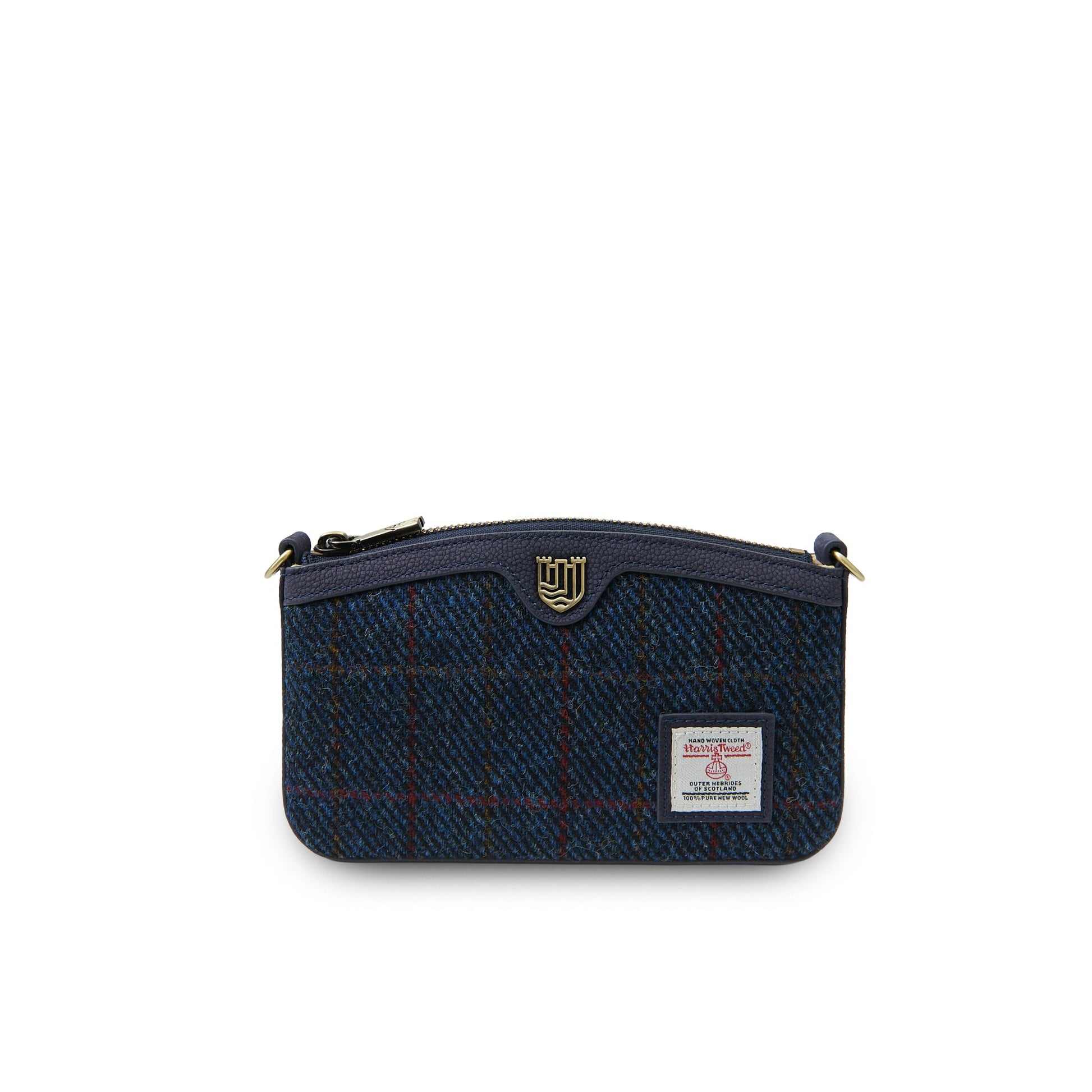 Ailsa navy over-check Harris Tweed purse back view on white background