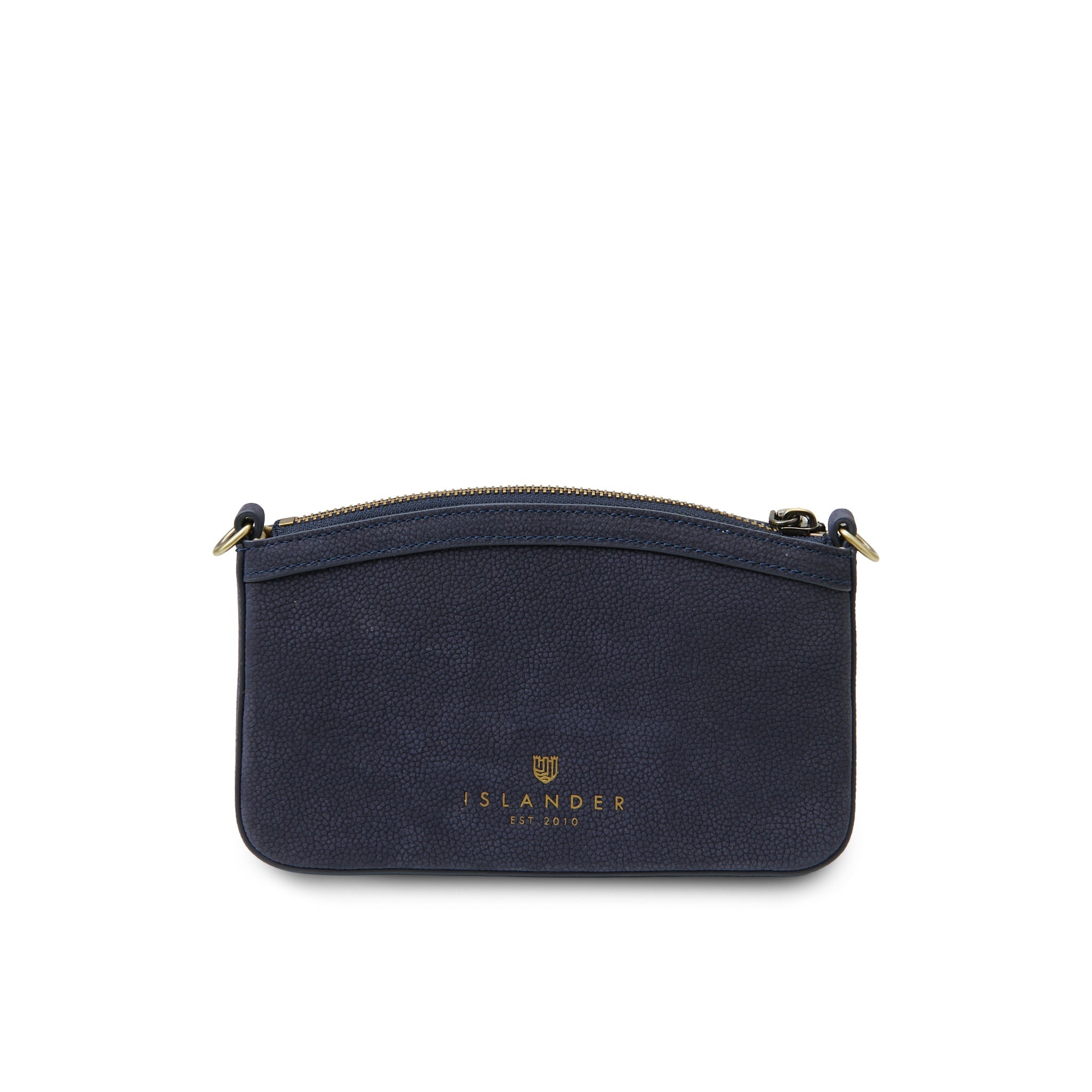 Close-up of embossed Islander branding on navy leather back panel